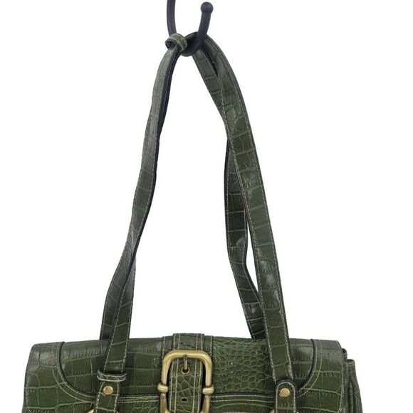 Vintage Green Vegan Faux Croc Shoulder Bag Satchel Gold Buckle Multiple Pockets - Picture 10 of 13